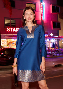 Navy Metallic Long Sleeve Foil Tunic Dress (491-MET-1201)