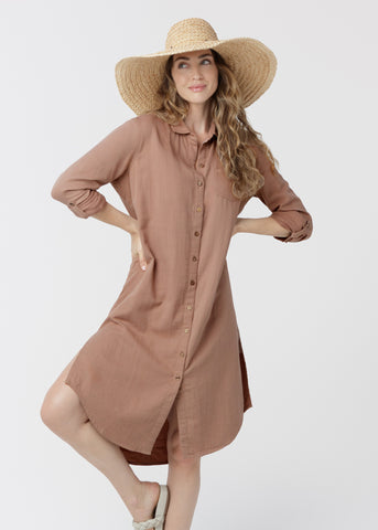Brown LS Button Down Shirt Dress (915-TB-2030)
