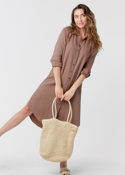 Brown LS Button Down Shirt Dress (915-TB-2030)