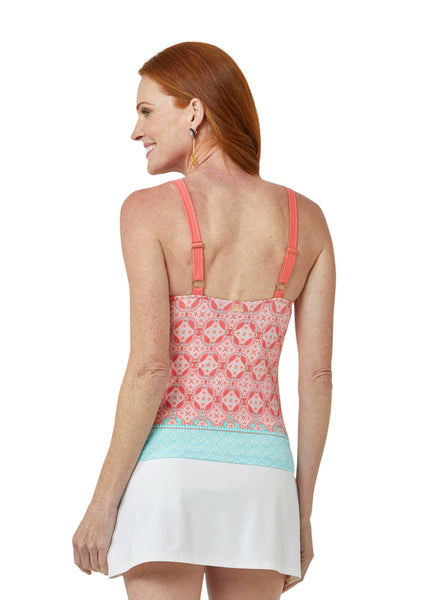 Woman wearing Coral Tides Tankini and White Side Tie Swim Skirt